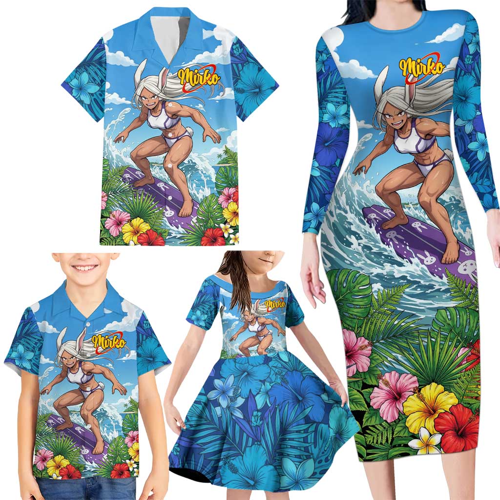 Mirko Summer Chill Family Matching Long Sleeve Bodycon Dress and Hawaiian Shirt Tropical Anime Surfing Power