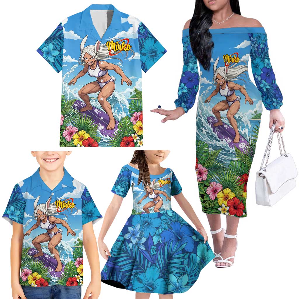 Mirko Summer Chill Family Matching Off The Shoulder Long Sleeve Dress and Hawaiian Shirt Tropical Anime Surfing Power