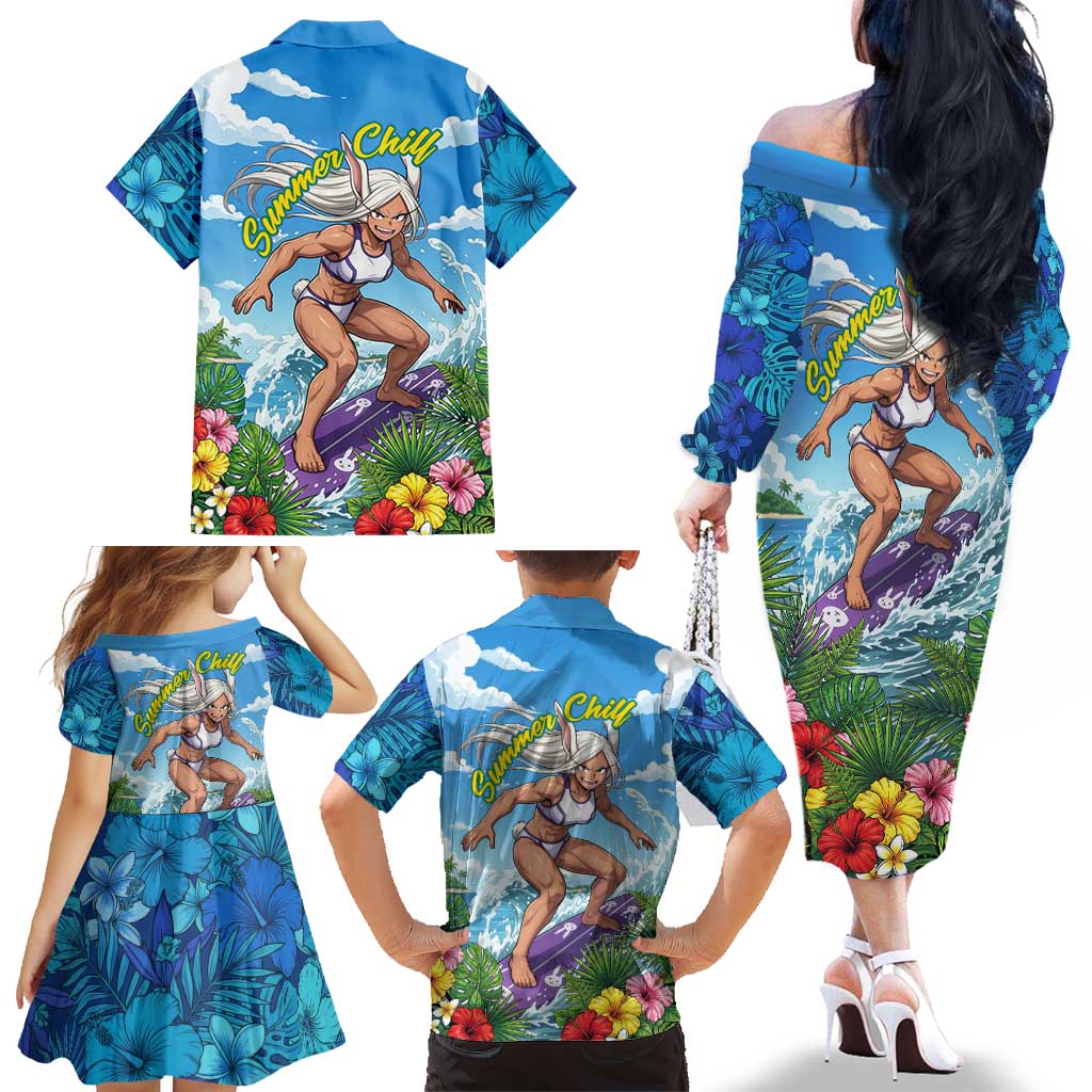 Mirko Summer Chill Family Matching Off The Shoulder Long Sleeve Dress and Hawaiian Shirt Tropical Anime Surfing Power