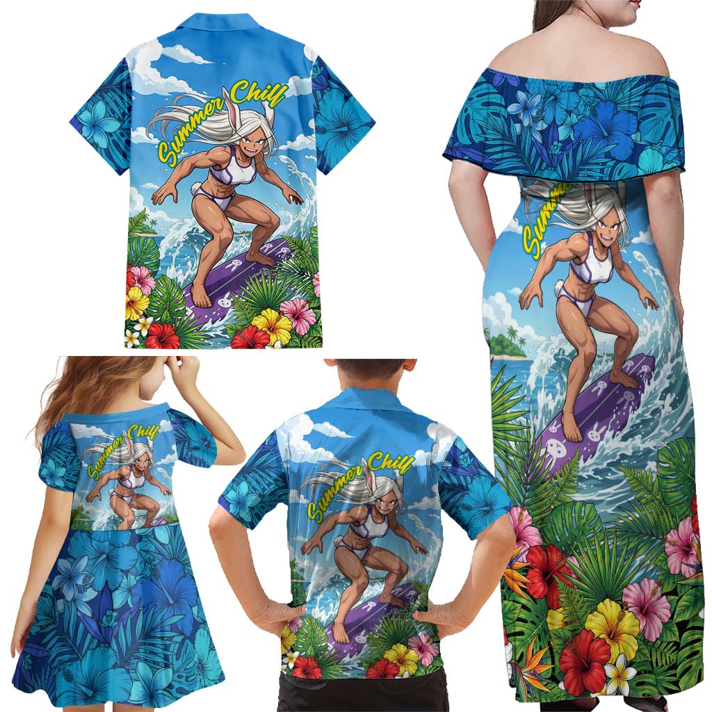 Mirko Summer Chill Family Matching Off Shoulder Maxi Dress and Hawaiian Shirt Tropical Anime Surfing Power