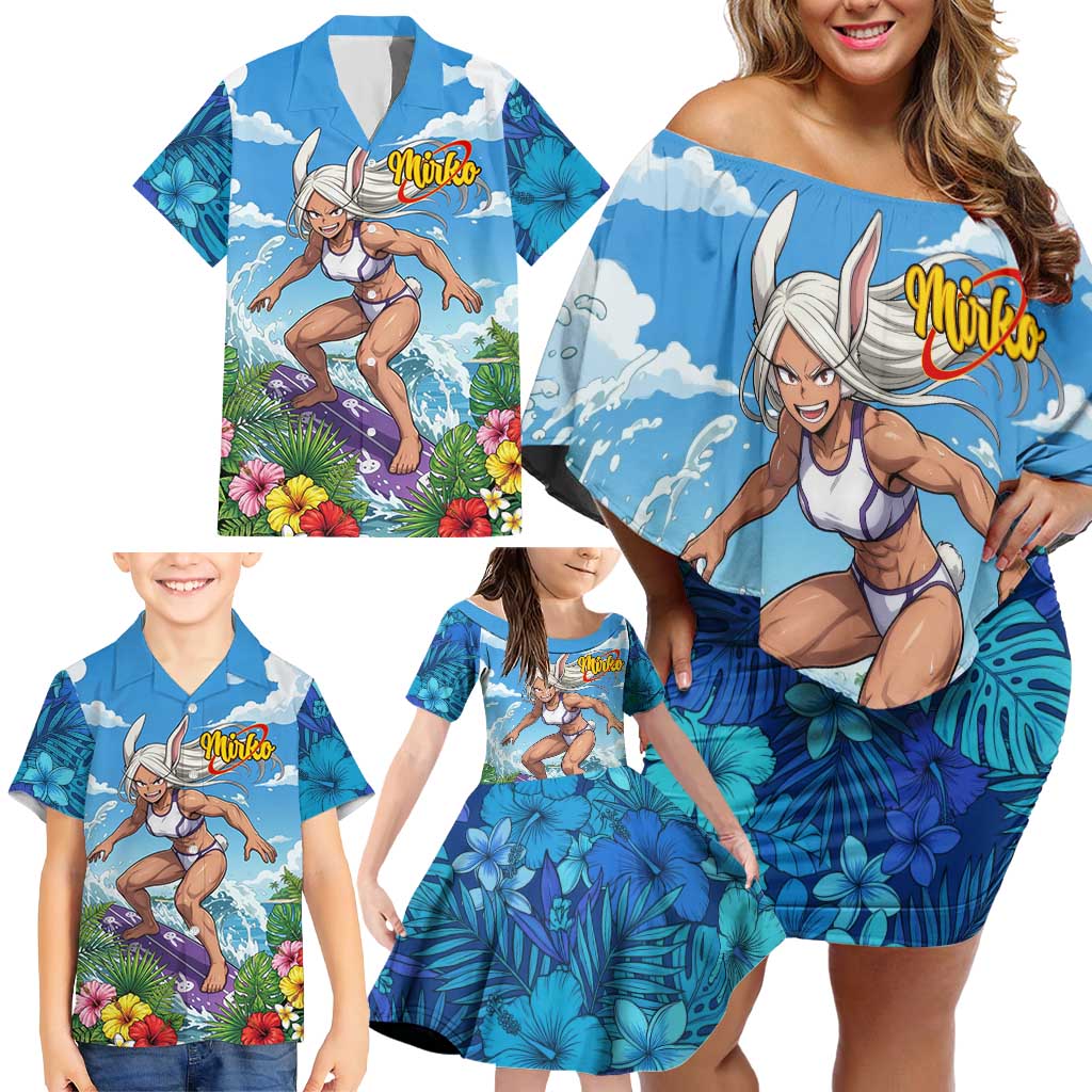 Mirko Summer Chill Family Matching Off Shoulder Short Dress and Hawaiian Shirt Tropical Anime Surfing Power