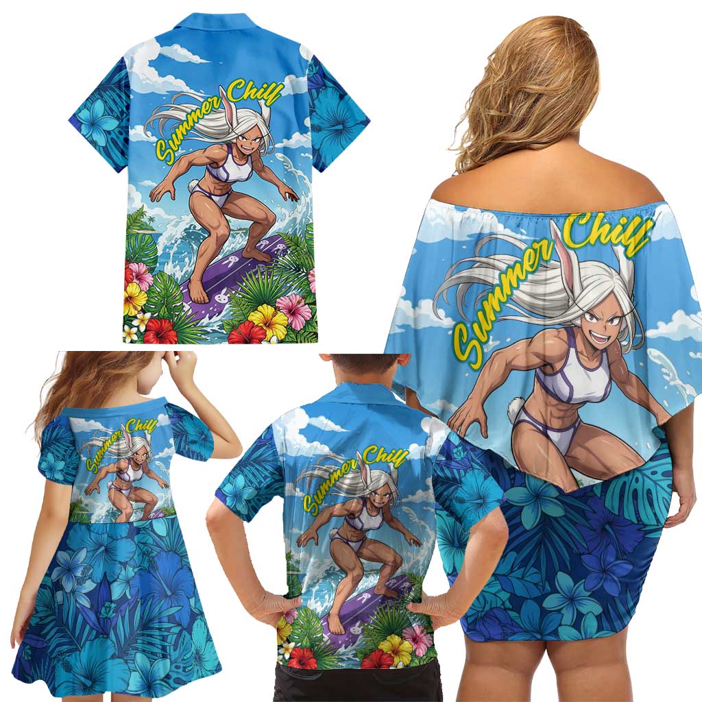 Mirko Summer Chill Family Matching Off Shoulder Short Dress and Hawaiian Shirt Tropical Anime Surfing Power