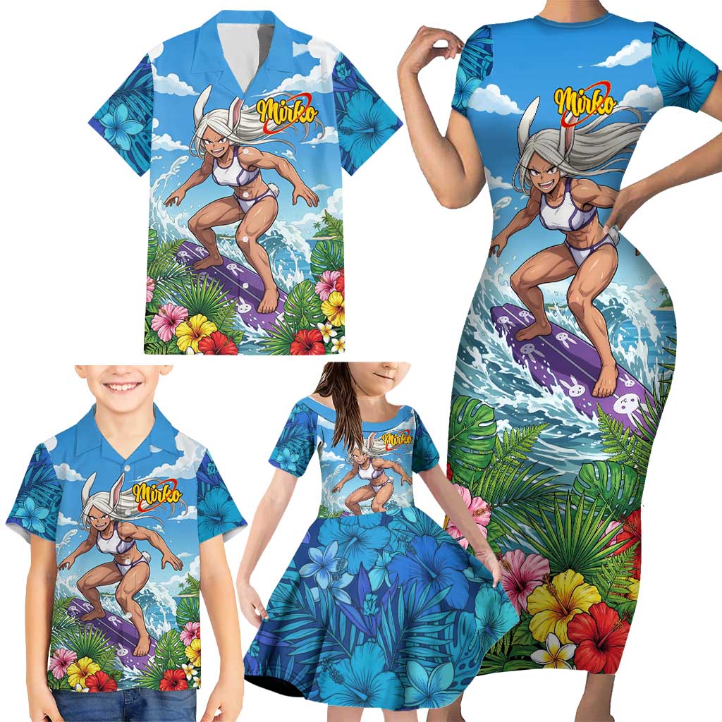 Mirko Summer Chill Family Matching Short Sleeve Bodycon Dress and Hawaiian Shirt Tropical Anime Surfing Power