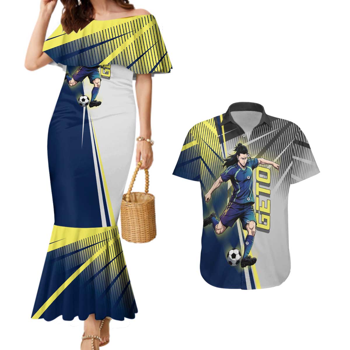 Personalized Geto Suguru Couples Matching Mermaid Dress and Hawaiian Shirt Anime Soccer Action Illustration Art