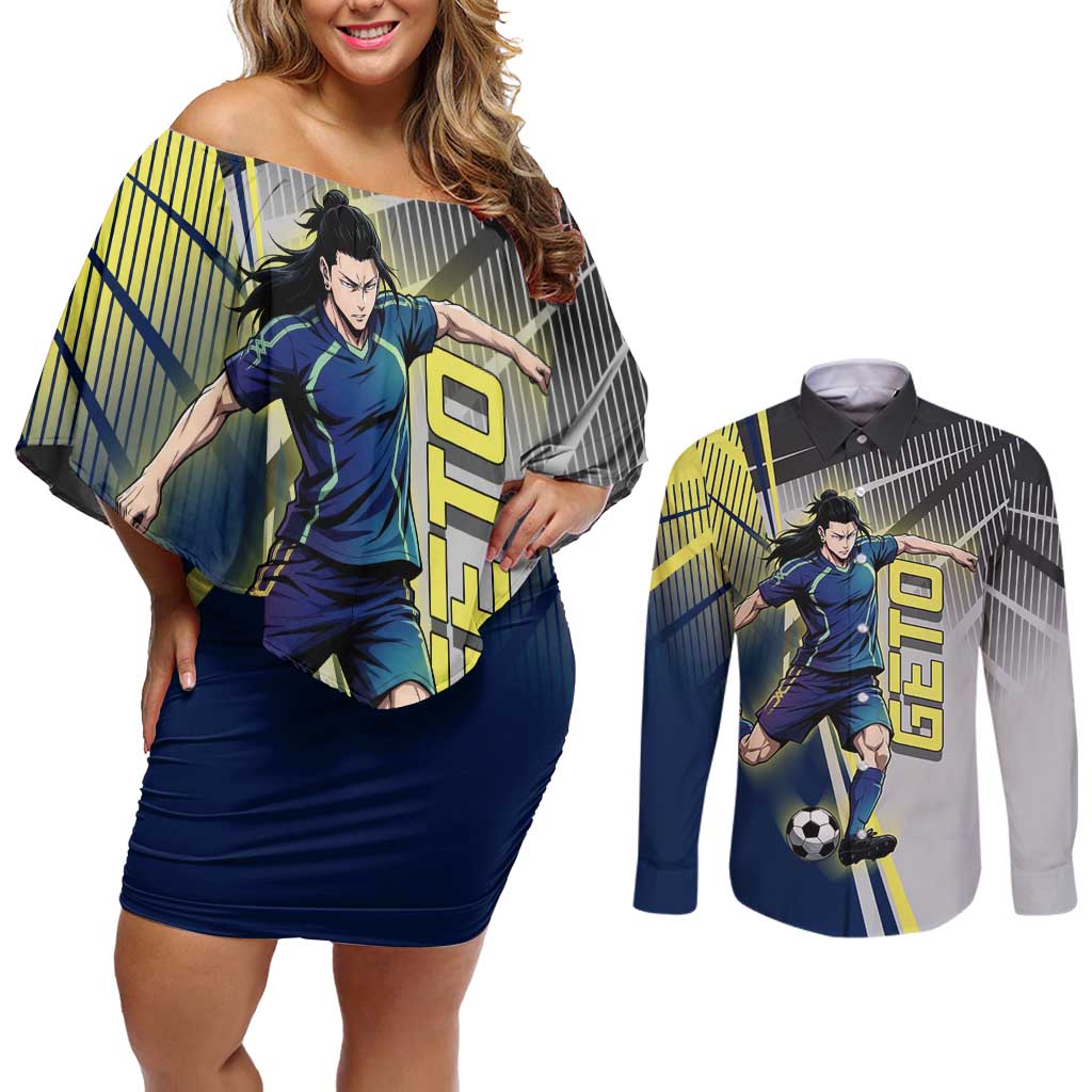 Personalized Geto Suguru Couples Matching Off Shoulder Short Dress and Long Sleeve Button Shirt Anime Soccer Action Illustration Art