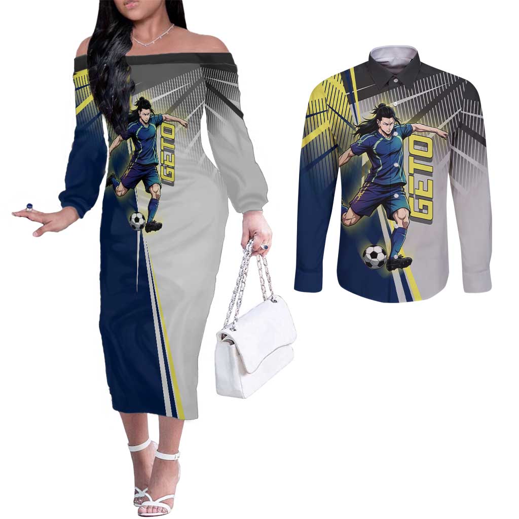 Personalized Geto Suguru Couples Matching Off The Shoulder Long Sleeve Dress and Long Sleeve Button Shirt Anime Soccer Action Illustration Art