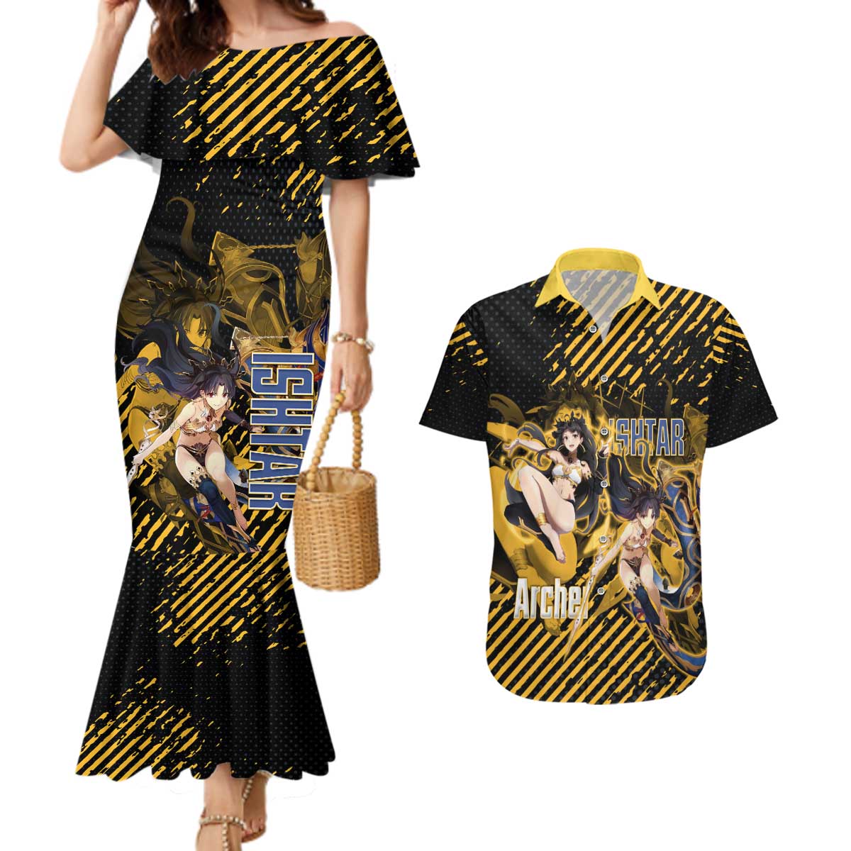 Ishtar Archer Fate Grand Order Couples Matching Mermaid Dress and Hawaiian Shirt Anime Pop Art Grunge Style