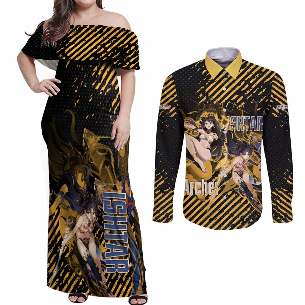 Ishtar Archer Fate Grand Order Couples Matching Off Shoulder Maxi Dress and Long Sleeve Button Shirt Anime Pop Art Grunge Style
