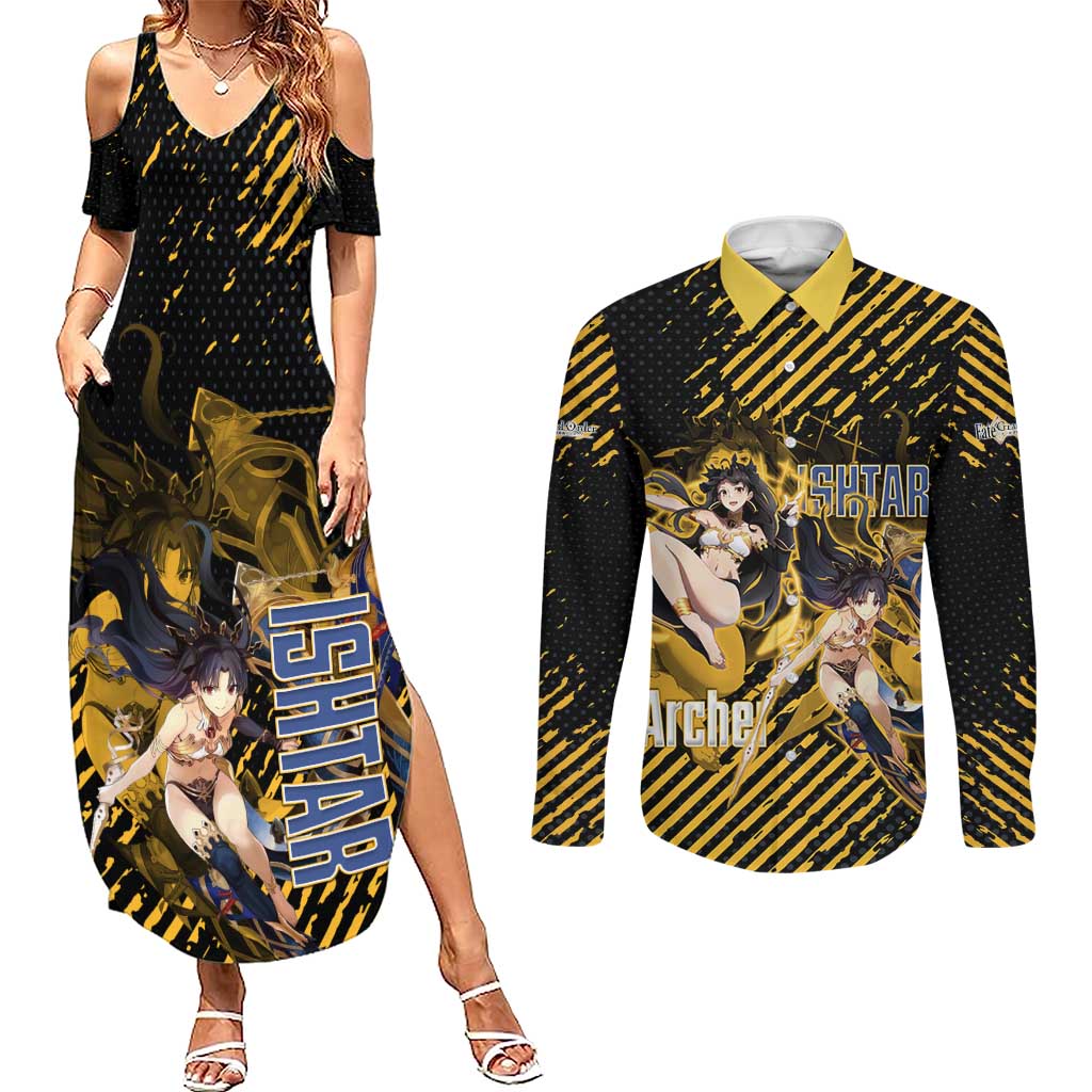 Ishtar Archer Fate Grand Order Couples Matching Summer Maxi Dress and Long Sleeve Button Shirt Anime Pop Art Grunge Style