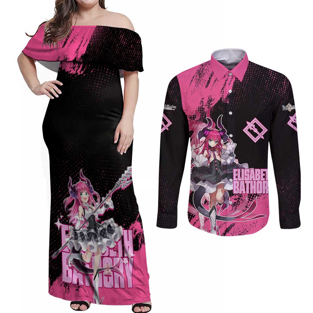 Elisabeth Bathory Fate Grand Order Couples Matching Off Shoulder Maxi Dress and Long Sleeve Button Shirt Gothic Anime Splash Art Style