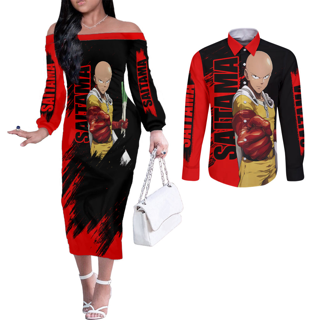 Saitama - OPM - Sport Funny Design Couples Matching Off The Shoulder Long Sleeve Dress and Long Sleeve Button Shirt