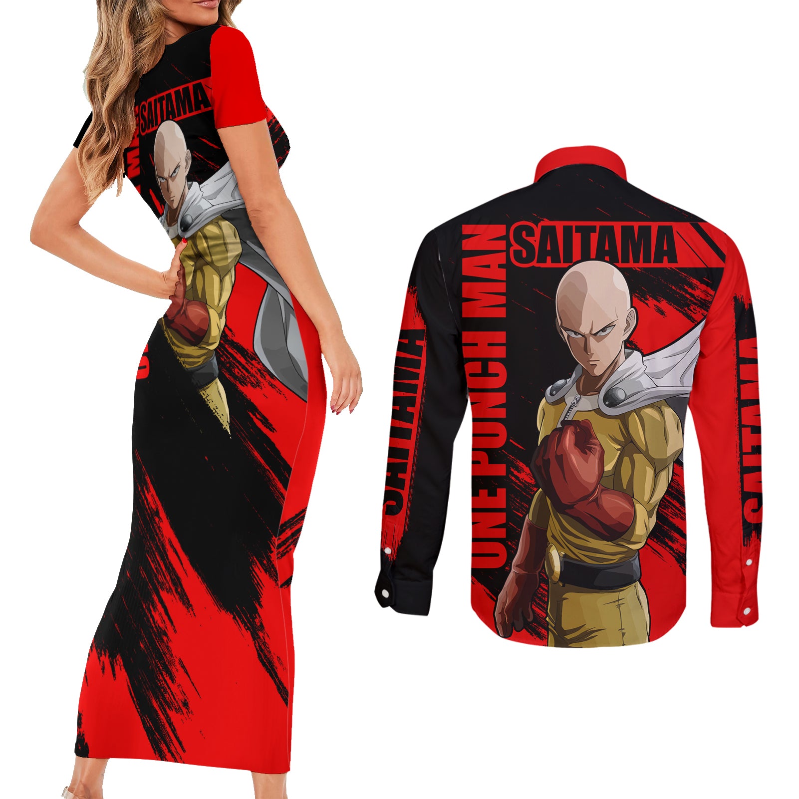 Saitama - OPM - Sport Funny Design Couples Matching Short Sleeve Bodycon Dress and Long Sleeve Button Shirt