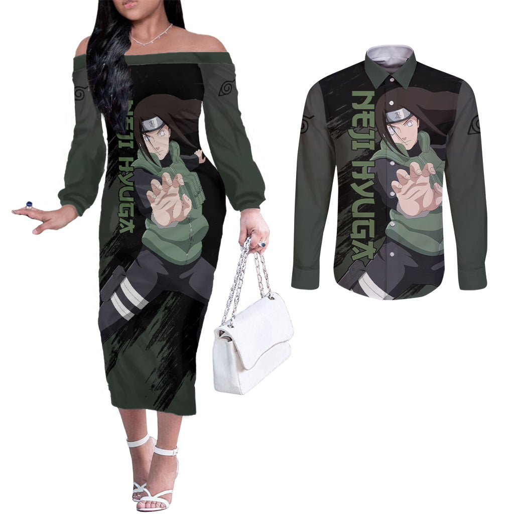 Neji Hyuga - Naruto Couples Matching Off The Shoulder Long Sleeve Dress and Long Sleeve Button Shirt