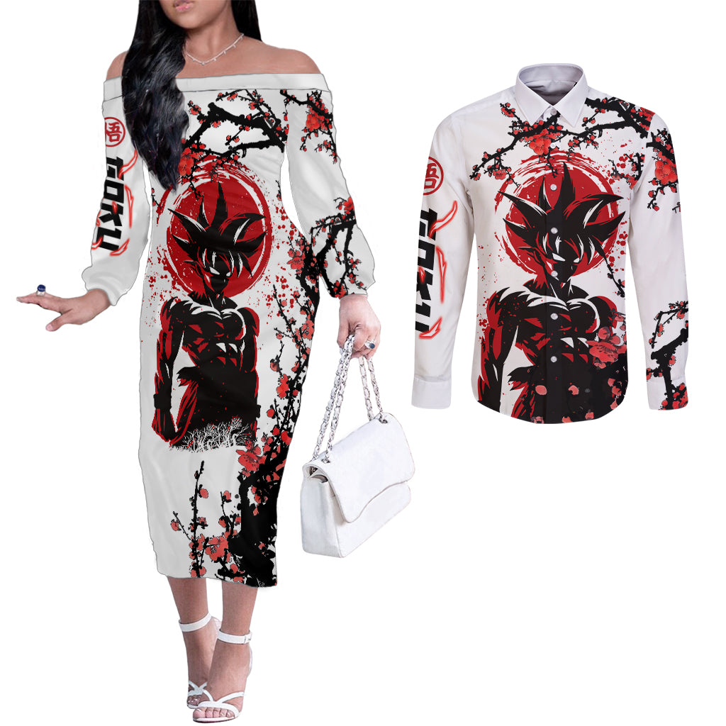 Goku - Style Dragon Ball Anime Couples Matching Off The Shoulder Long Sleeve Dress and Long Sleeve Button Shirt