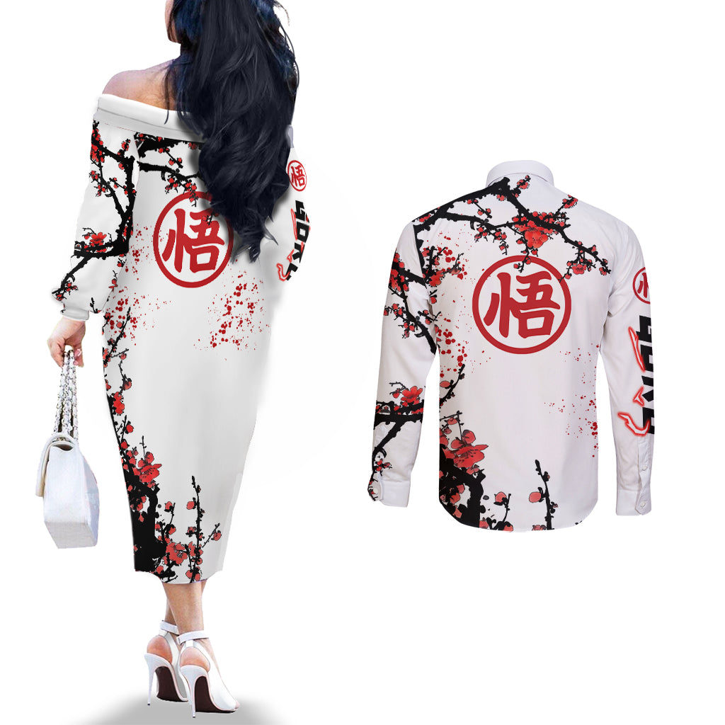 Goku - Style Dragon Ball Anime Couples Matching Off The Shoulder Long Sleeve Dress and Long Sleeve Button Shirt
