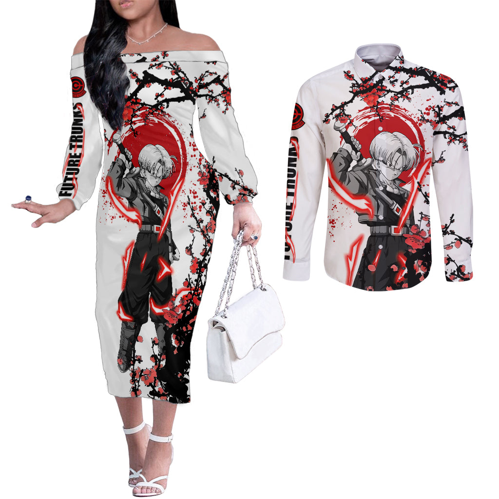 Future Trunks - Dragon Ball Japan Style Couples Matching Off The Shoulder Long Sleeve Dress and Long Sleeve Button Shirt