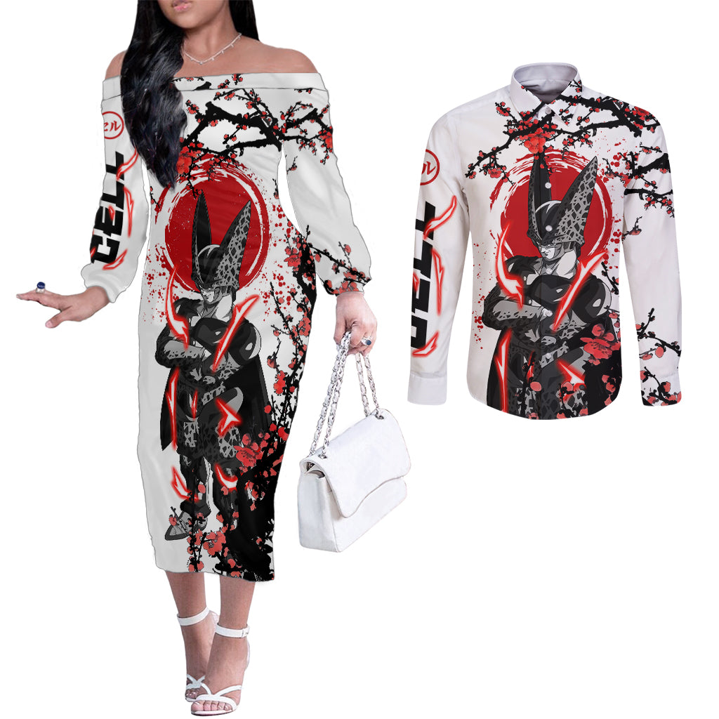 Perfect Cell - Style Anime Couples Matching Off The Shoulder Long Sleeve Dress and Long Sleeve Button Shirt
