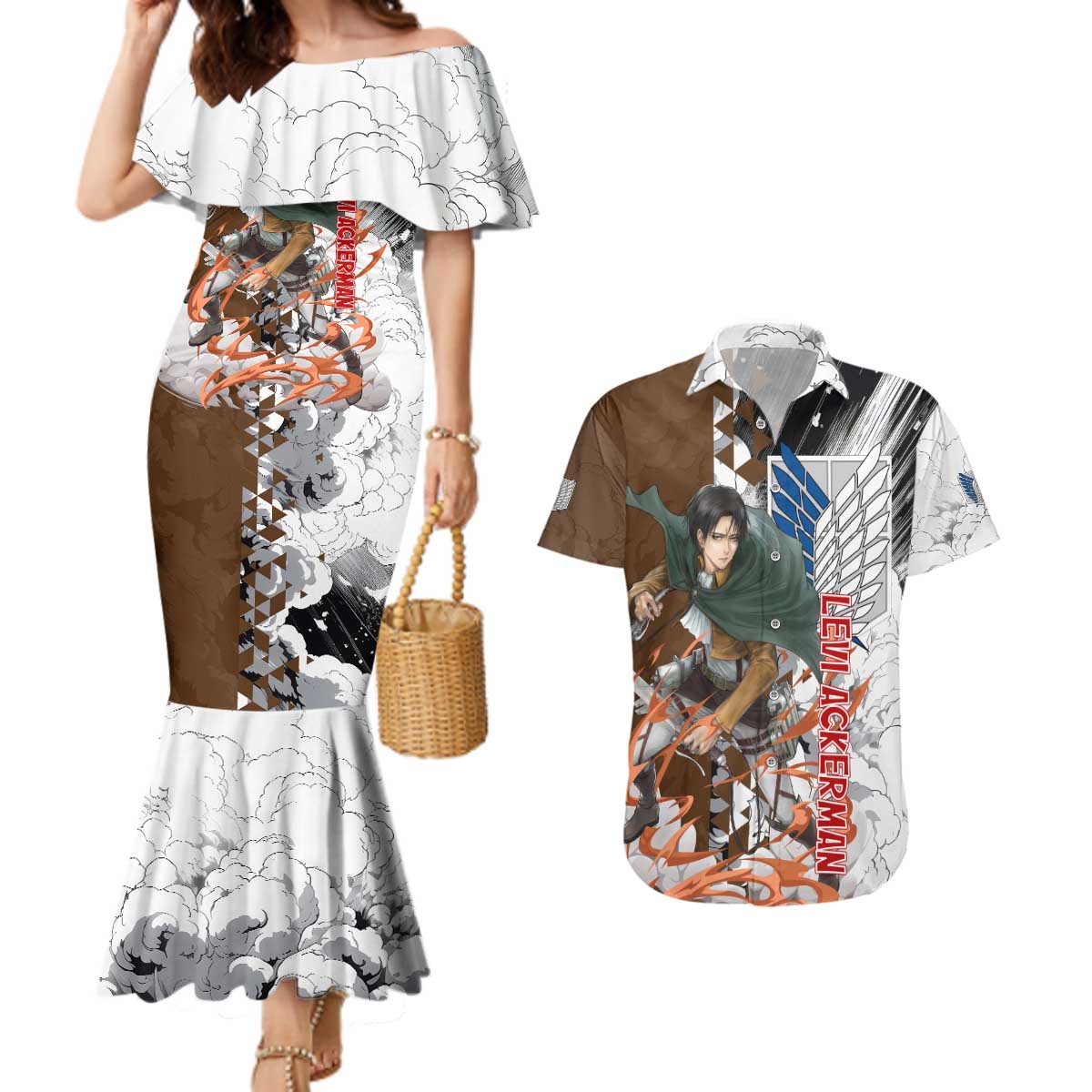Levi Ackerman - Attack On Titan Couples Matching Mermaid Dress and Hawaiian Shirt Anime Style