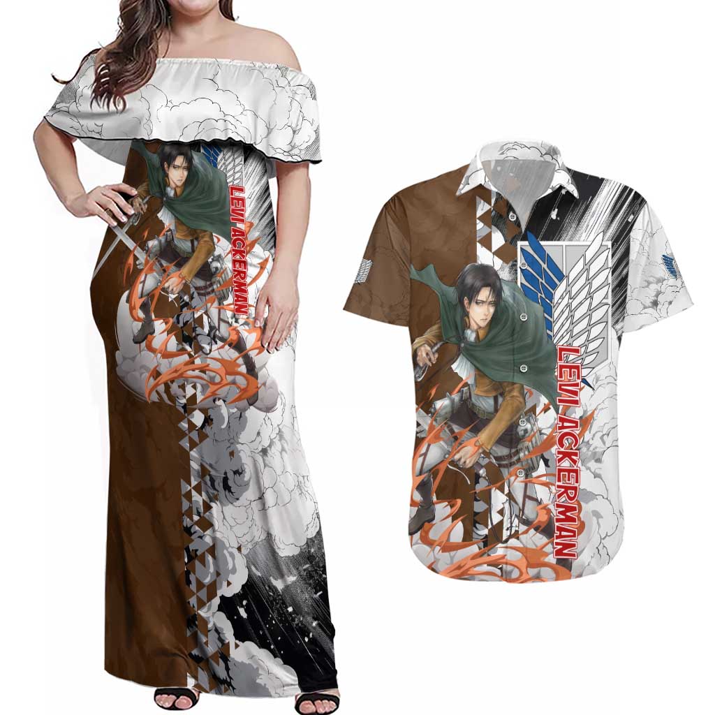 Levi Ackerman - Attack On Titan Couples Matching Off Shoulder Maxi Dress and Hawaiian Shirt Anime Style