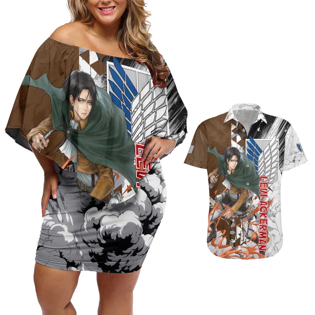 Levi Ackerman - Attack On Titan Couples Matching Off Shoulder Short Dress and Hawaiian Shirt Anime Style