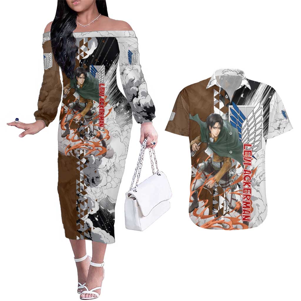 Levi Ackerman - Attack On Titan Couples Matching Off The Shoulder Long Sleeve Dress and Hawaiian Shirt Anime Style
