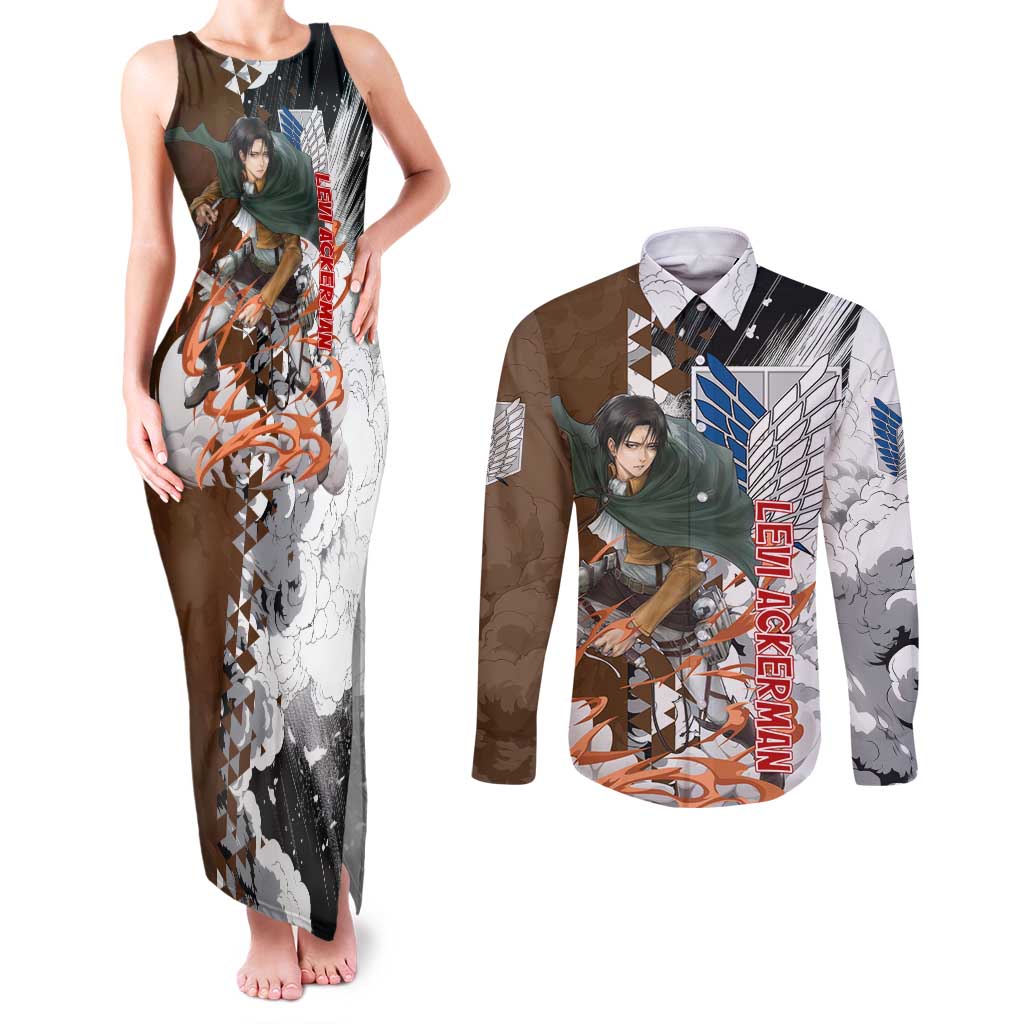 Levi Ackerman - Attack On Titan Couples Matching Tank Maxi Dress and Long Sleeve Button Shirt Anime Style
