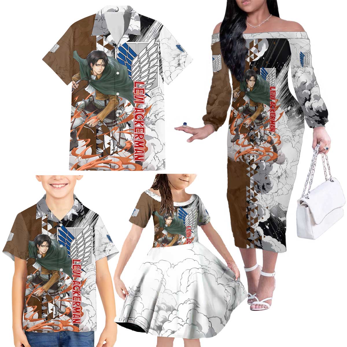 Levi Ackerman - Attack On Titan Family Matching Off The Shoulder Long Sleeve Dress and Hawaiian Shirt Anime Style