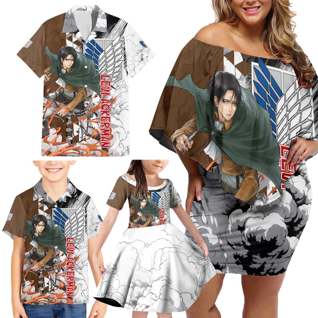 Levi Ackerman - Attack On Titan Family Matching Off Shoulder Short Dress and Hawaiian Shirt Anime Style