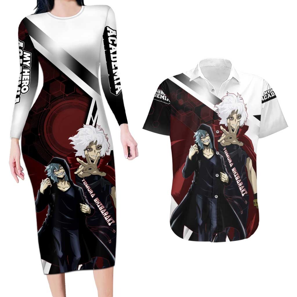 Tomura Shigaraki Couples Matching Long Sleeve Bodycon Dress and Hawaiian Shirt Dark Anime Villain Illustration with Red Energy Aura