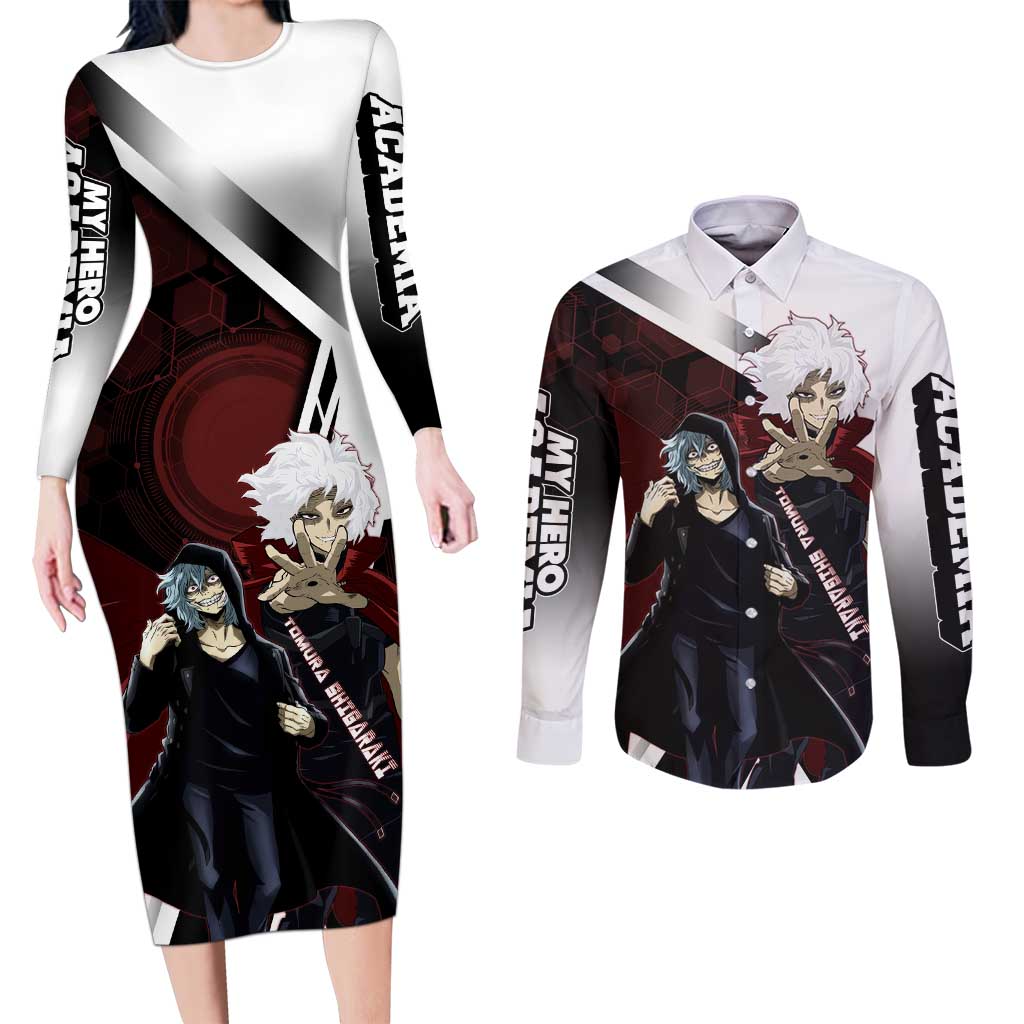 Tomura Shigaraki Couples Matching Long Sleeve Bodycon Dress and Long Sleeve Button Shirt Dark Anime Villain Illustration with Red Energy Aura