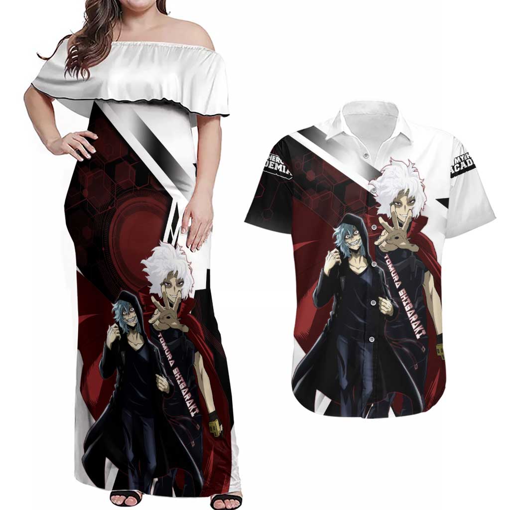 Tomura Shigaraki Couples Matching Off Shoulder Maxi Dress and Hawaiian Shirt Dark Anime Villain Illustration with Red Energy Aura
