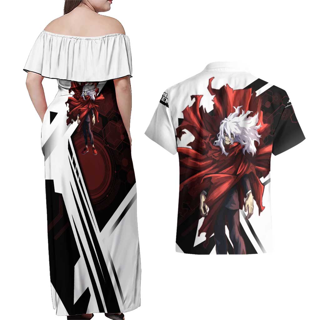 Tomura Shigaraki Couples Matching Off Shoulder Maxi Dress and Hawaiian Shirt Dark Anime Villain Illustration with Red Energy Aura
