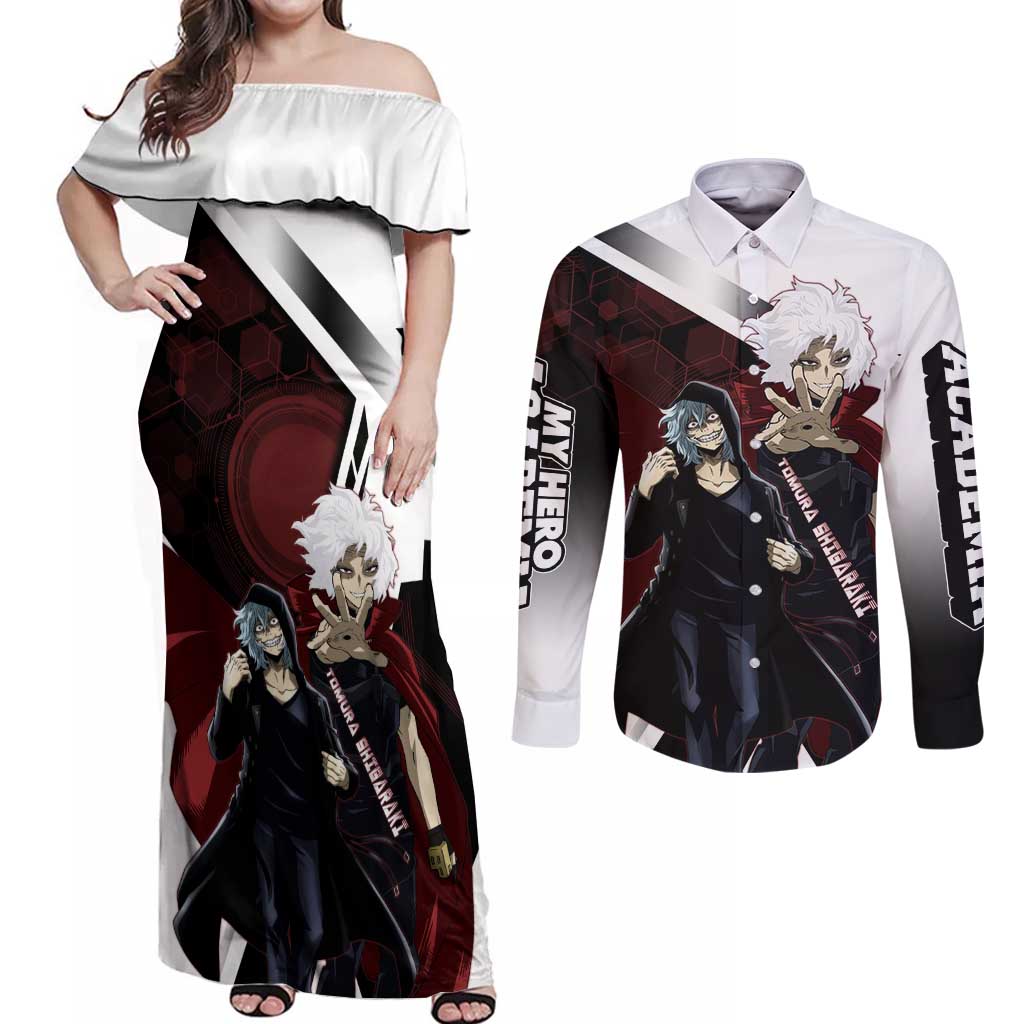 Tomura Shigaraki Couples Matching Off Shoulder Maxi Dress and Long Sleeve Button Shirt Dark Anime Villain Illustration with Red Energy Aura