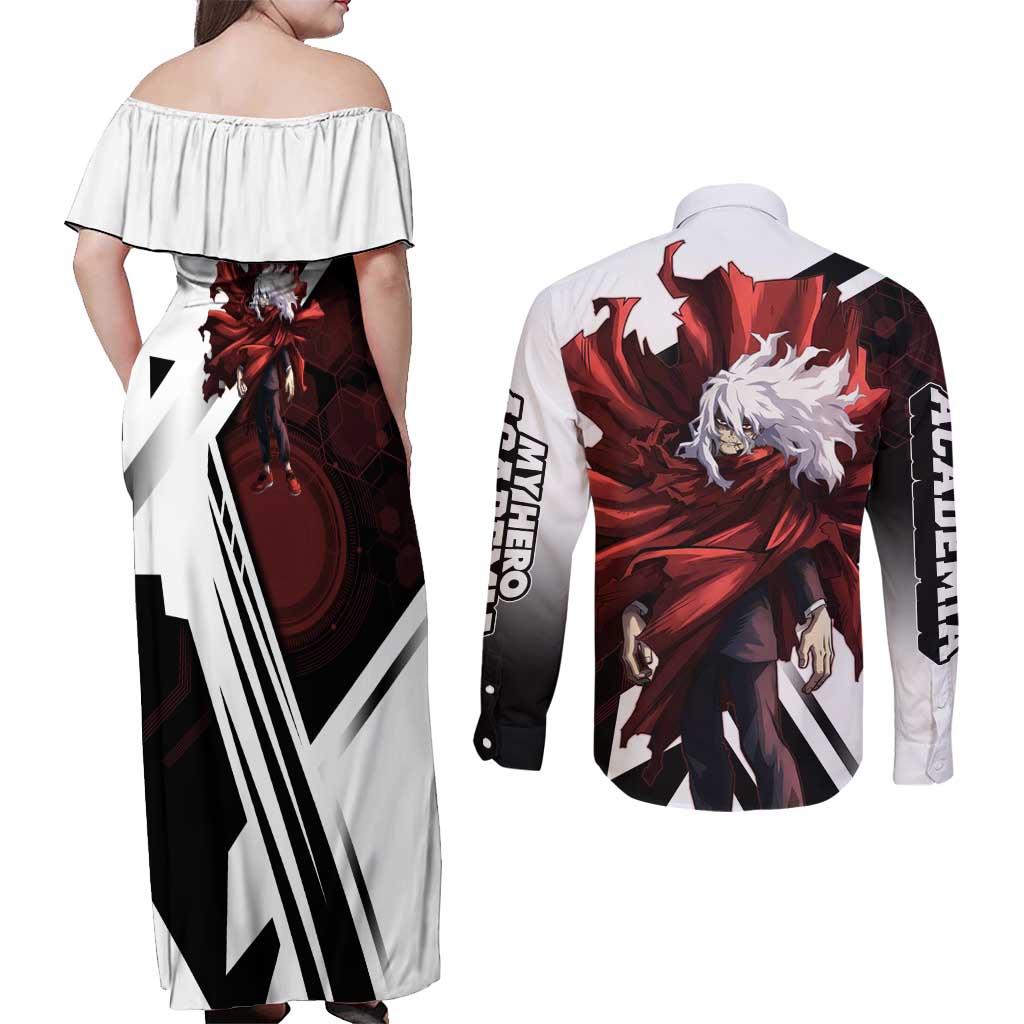 Tomura Shigaraki Couples Matching Off Shoulder Maxi Dress and Long Sleeve Button Shirt Dark Anime Villain Illustration with Red Energy Aura