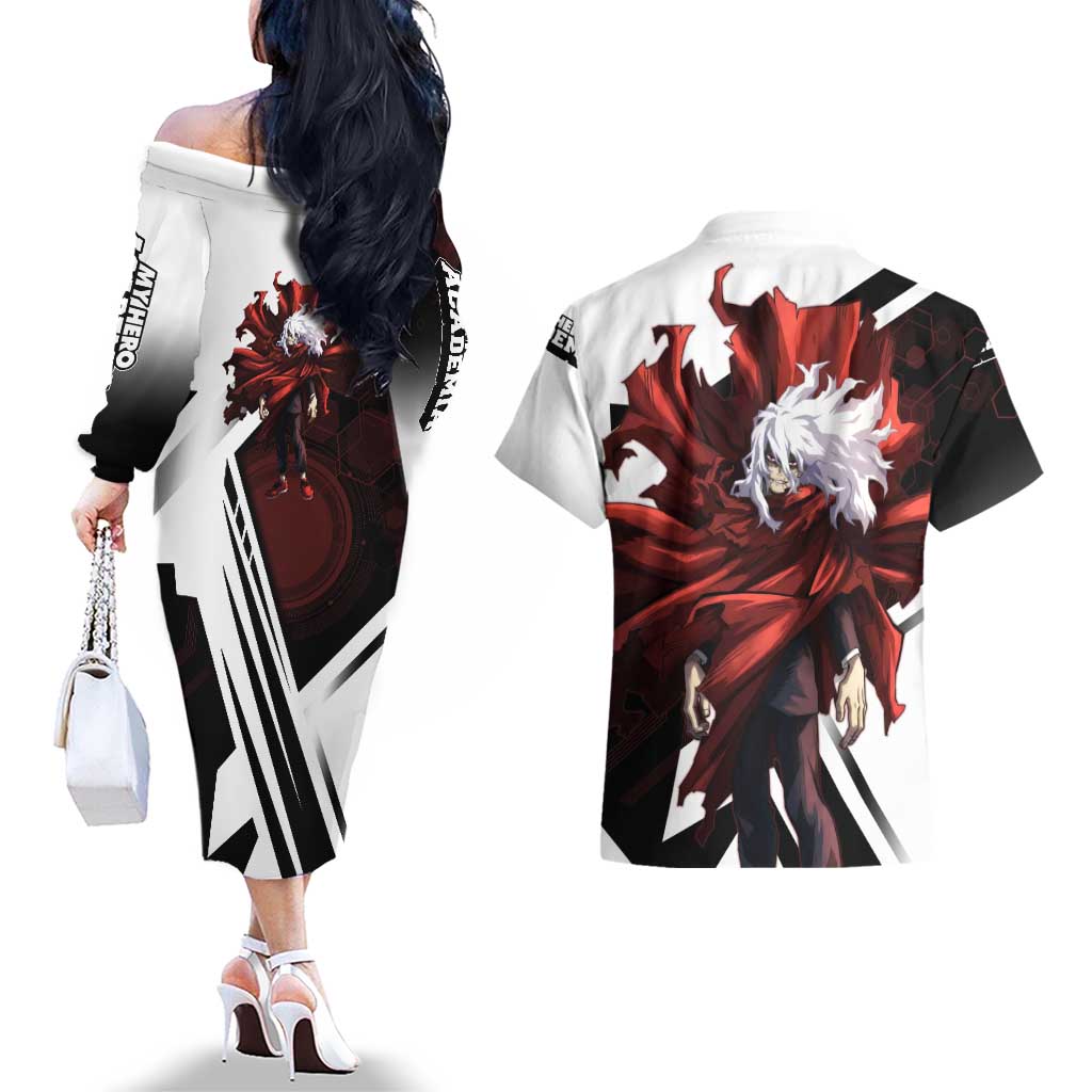 Tomura Shigaraki Couples Matching Off The Shoulder Long Sleeve Dress and Hawaiian Shirt Dark Anime Villain Illustration with Red Energy Aura