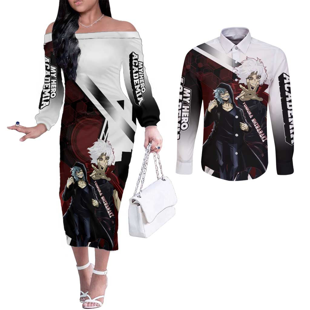 Tomura Shigaraki Couples Matching Off The Shoulder Long Sleeve Dress and Long Sleeve Button Shirt Dark Anime Villain Illustration with Red Energy Aura