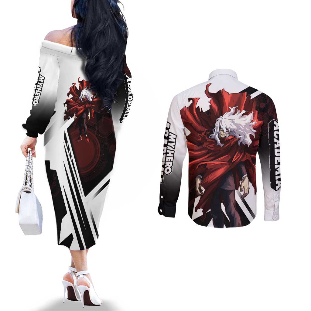 Tomura Shigaraki Couples Matching Off The Shoulder Long Sleeve Dress and Long Sleeve Button Shirt Dark Anime Villain Illustration with Red Energy Aura