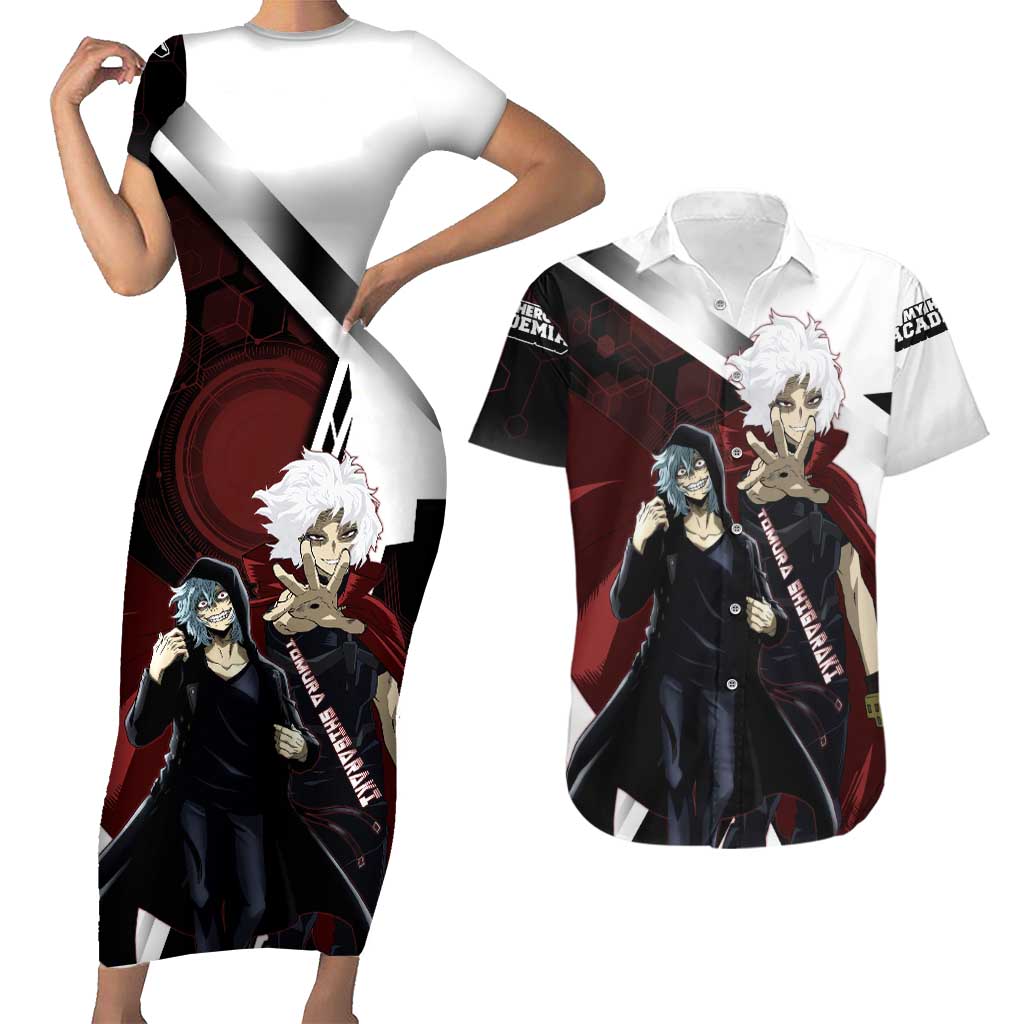 Tomura Shigaraki Couples Matching Short Sleeve Bodycon Dress and Hawaiian Shirt Dark Anime Villain Illustration with Red Energy Aura