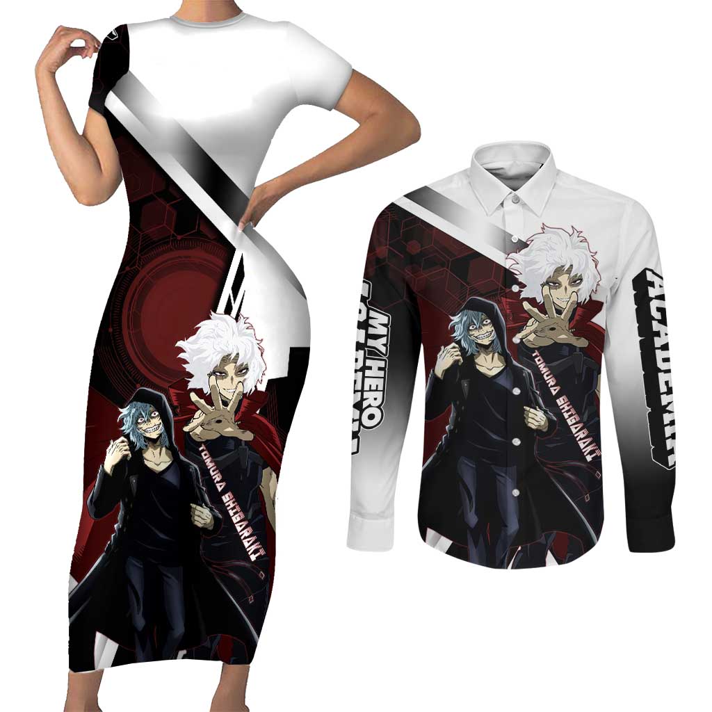 Tomura Shigaraki Couples Matching Short Sleeve Bodycon Dress and Long Sleeve Button Shirt Dark Anime Villain Illustration with Red Energy Aura