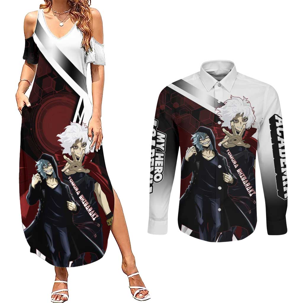 Tomura Shigaraki Couples Matching Summer Maxi Dress and Long Sleeve Button Shirt Dark Anime Villain Illustration with Red Energy Aura