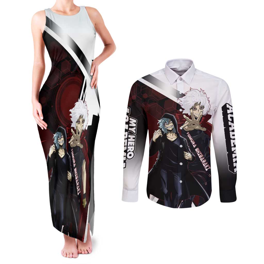 Tomura Shigaraki Couples Matching Tank Maxi Dress and Long Sleeve Button Shirt Dark Anime Villain Illustration with Red Energy Aura