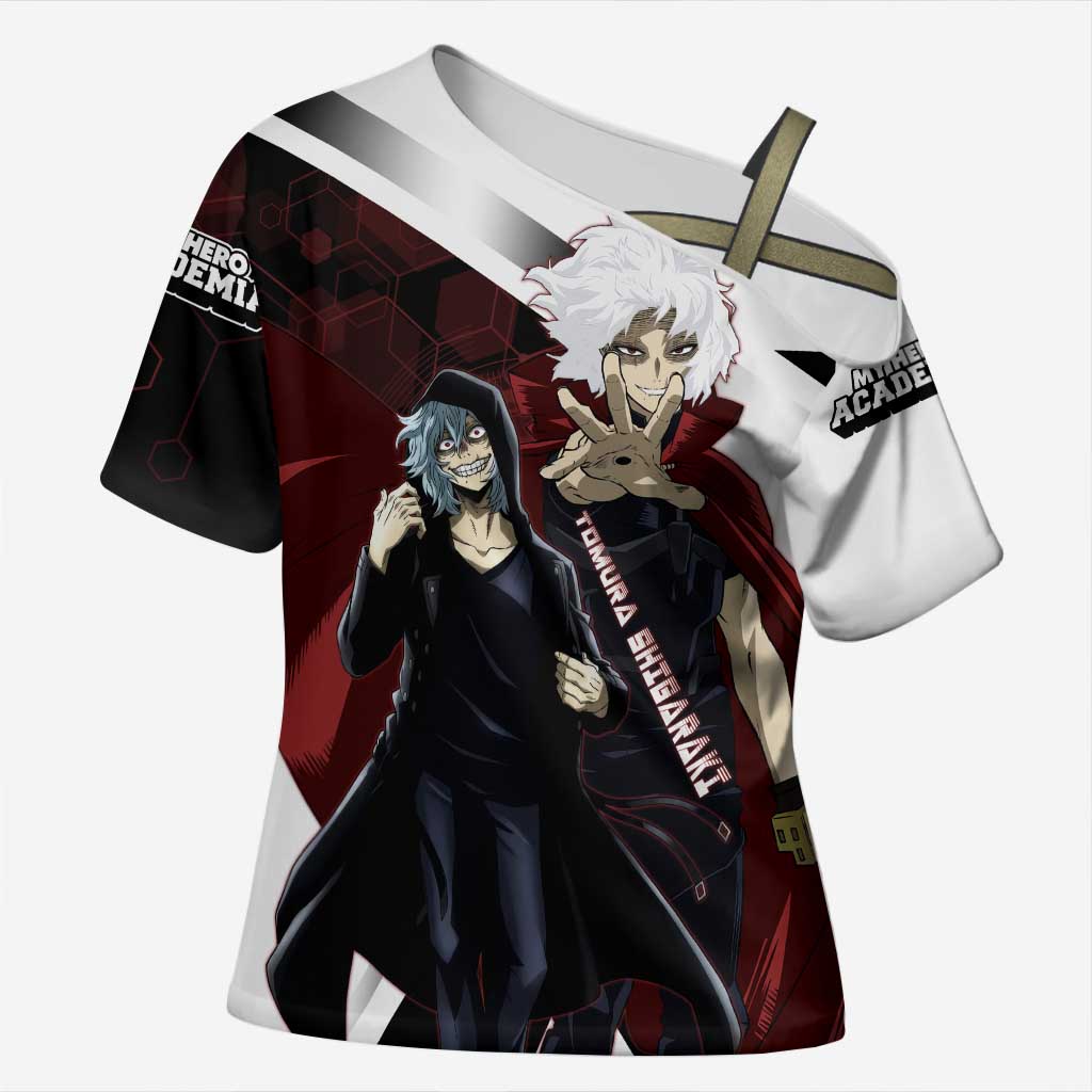 Tomura Shigaraki Cross Shoulder Shirt Dark Anime Villain Illustration with Red Energy Aura