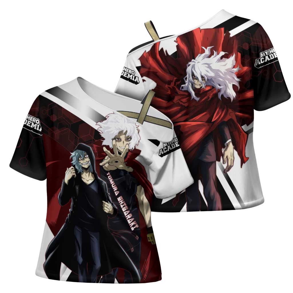 Tomura Shigaraki Cross Shoulder Shirt Dark Anime Villain Illustration with Red Energy Aura