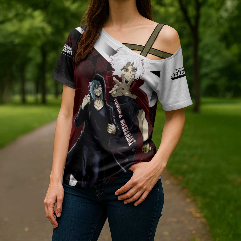 Tomura Shigaraki Cross Shoulder Shirt Dark Anime Villain Illustration with Red Energy Aura
