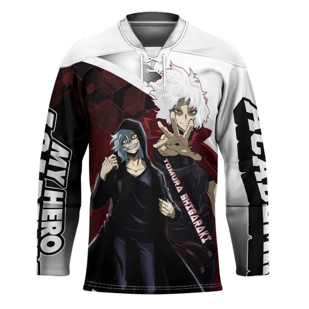 Tomura Shigaraki Hockey Jersey Dark Anime Villain Illustration with Red Energy Aura