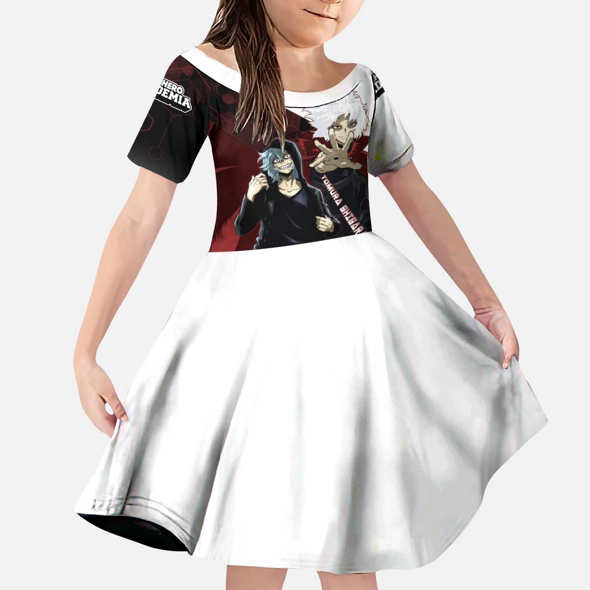 Tomura Shigaraki Kid Short Sleeve Dress Dark Anime Villain Illustration with Red Energy Aura