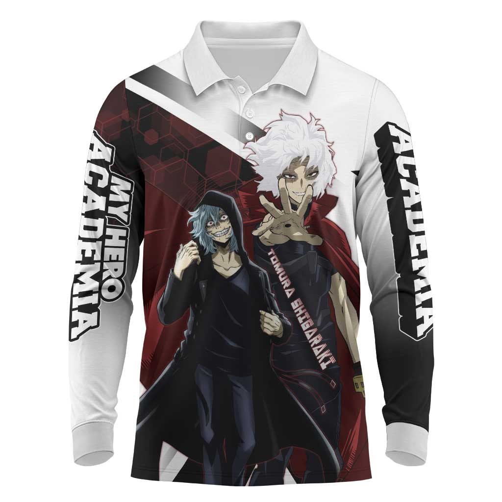 Tomura Shigaraki Long Sleeve Polo Shirt Dark Anime Villain Illustration with Red Energy Aura