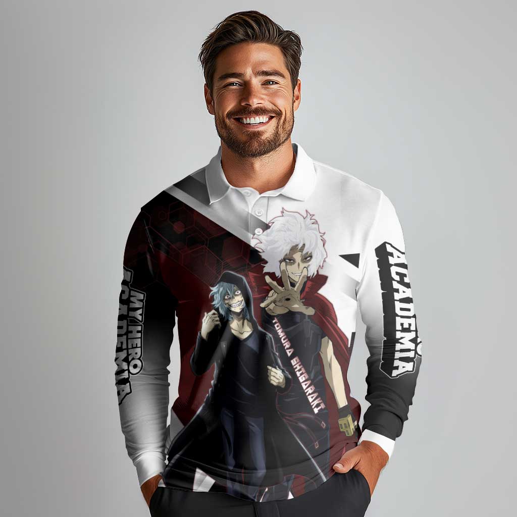 Tomura Shigaraki Long Sleeve Polo Shirt Dark Anime Villain Illustration with Red Energy Aura