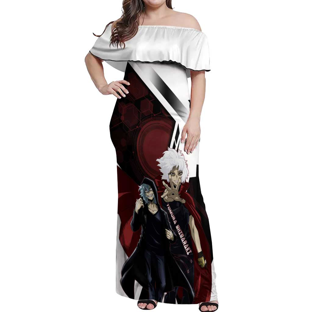 Tomura Shigaraki Off Shoulder Maxi Dress Dark Anime Villain Illustration with Red Energy Aura