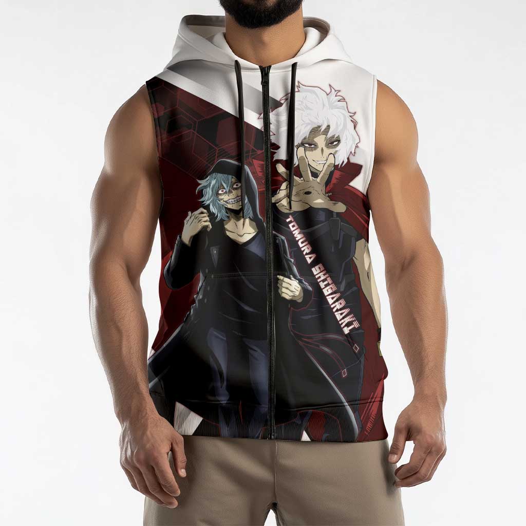 Tomura Shigaraki Sleeveless Zip Hoodie Dark Anime Villain Illustration with Red Energy Aura